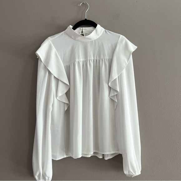 Wayf Tops - WAYF Women Ruffle Blouse Long Sleeve High Neck Office Business White Size Small